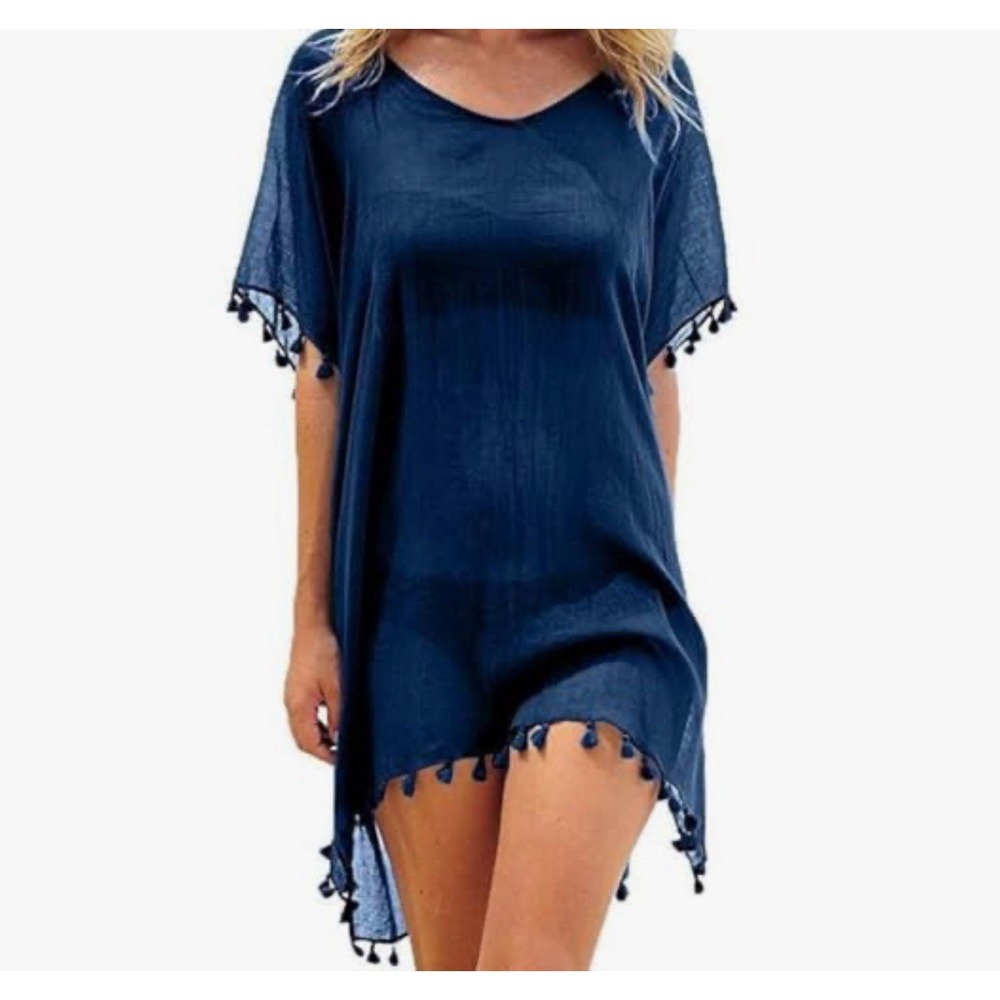 Chiffon Beachwear Women Beach Bikini Cover Up Tassel Beach Dress V Neck Swimwear